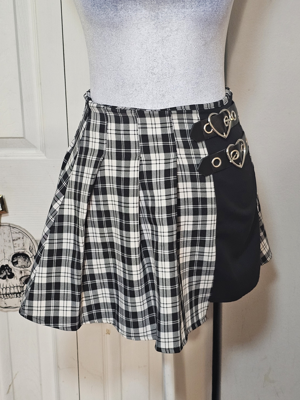 Hot Topic Black & White Plaid Skater Skirt with Heart Buckle Straps